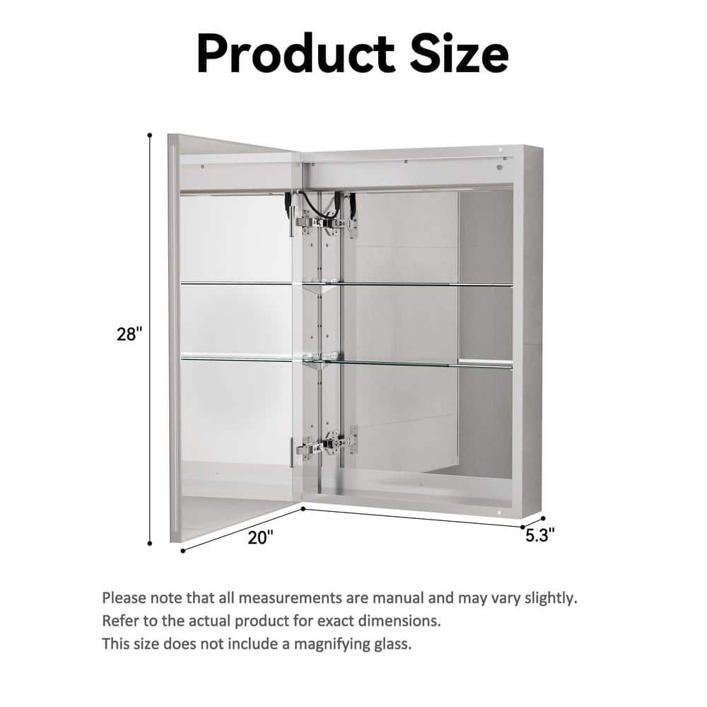 Simple Project 20 in. W x 28 in. H Rectangular Aluminum Light Medicine Cabinet with Mirror, Defogging, Mounted Recessed or Surface