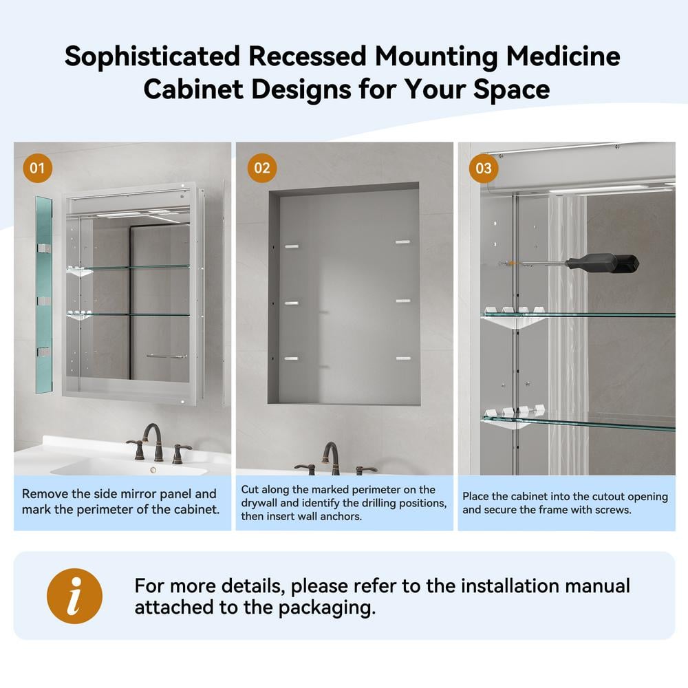 Simple Project 20 in. W x 30 in. H Rectangular Aluminum Light Medicine Cabinet with Mirror, Defogging, Mounted Recessed or Surface
