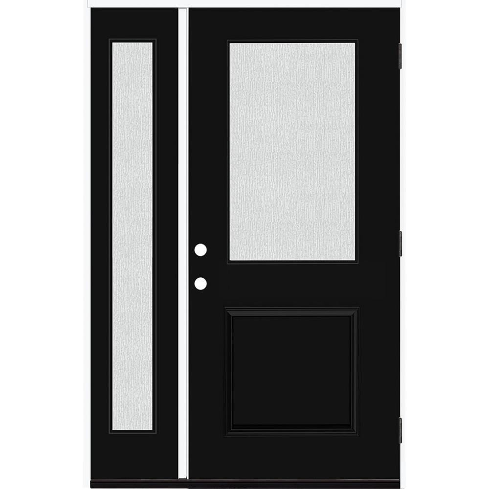 Steves & Sons Legacy Series 51 x 81-1/2 Black Single Front Door with Left Sidelite, Right-Hand Inswing, Fiberglass, Bronze Hinges