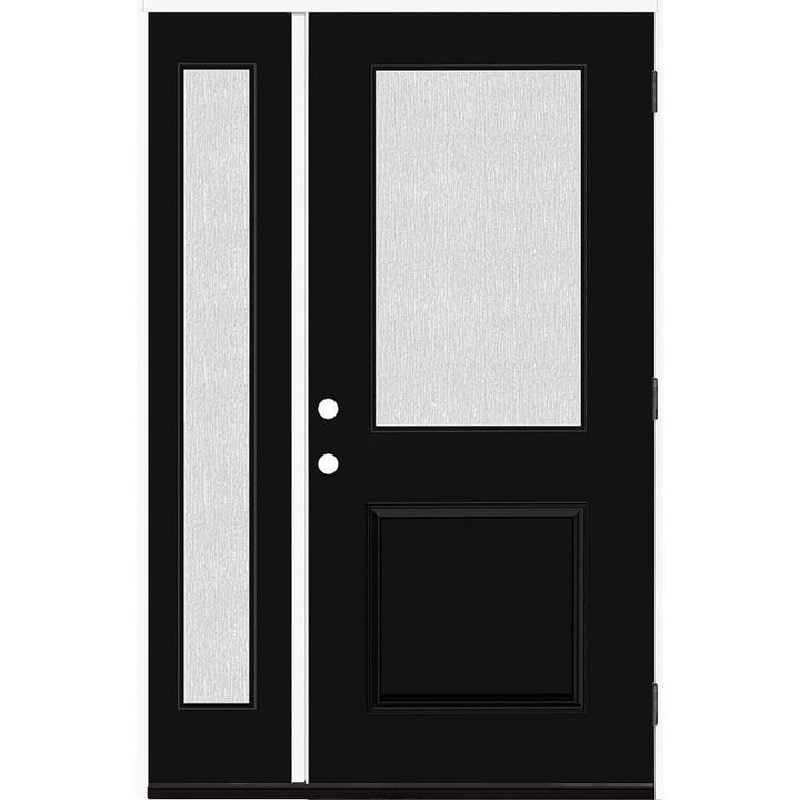 Steves & Sons Legacy Series 51 x 81-1/2 Black Single Front Door with Left Sidelite, Right-Hand Inswing, Fiberglass, Bronze Hinges