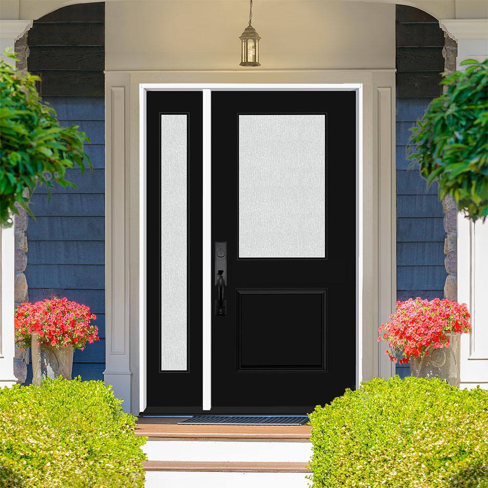 Steves & Sons Legacy Series 51 x 81-1/2 Black Single Front Door with Left Sidelite, Right-Hand Inswing, Fiberglass, Bronze Hinges