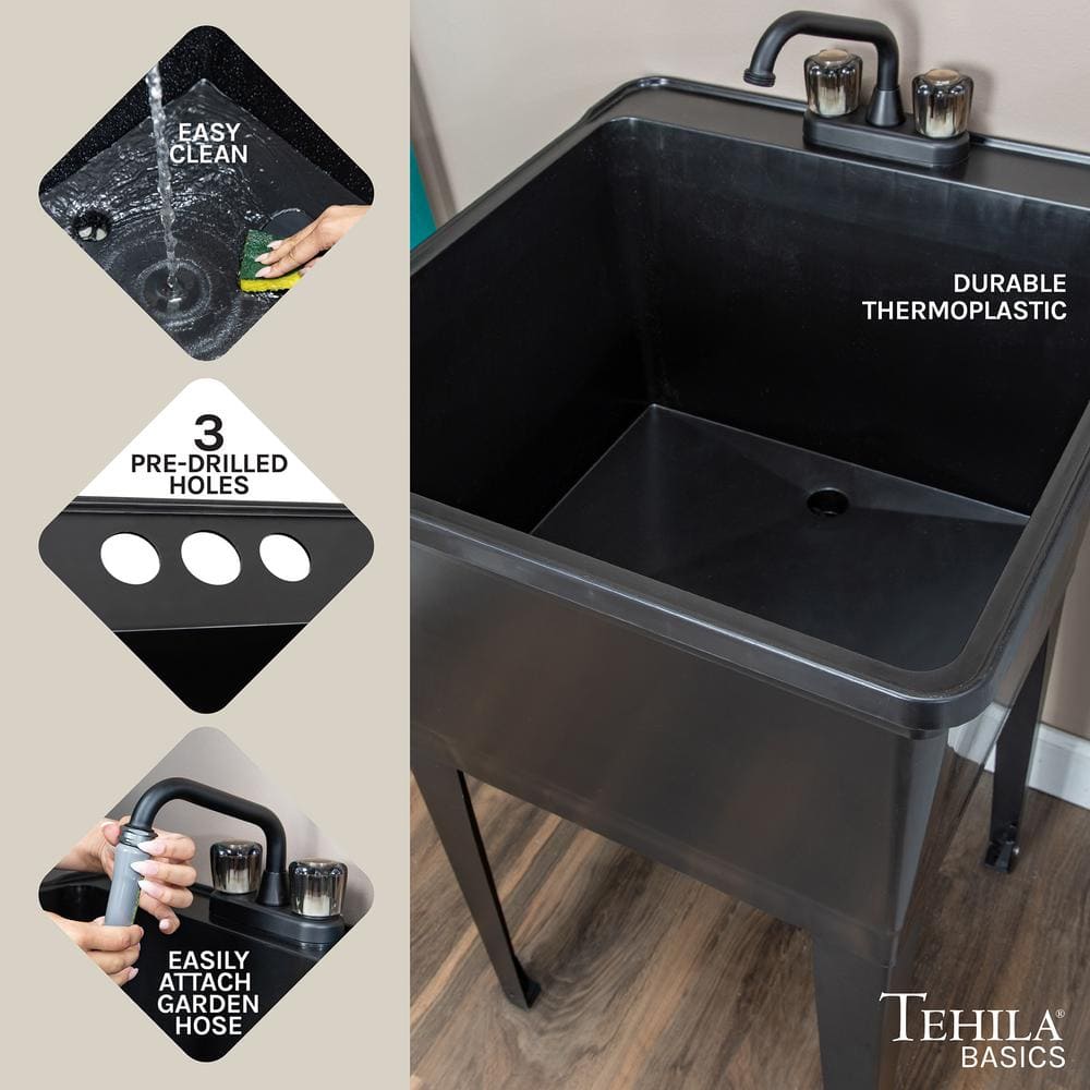 TEHILA 24.75 in. Black Thermoplastic Utility Sink with Matte Finish Faucet