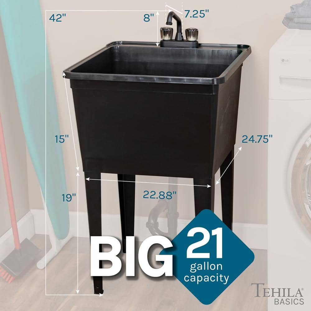 TEHILA 24.75 in. Black Thermoplastic Utility Sink with Matte Finish Faucet