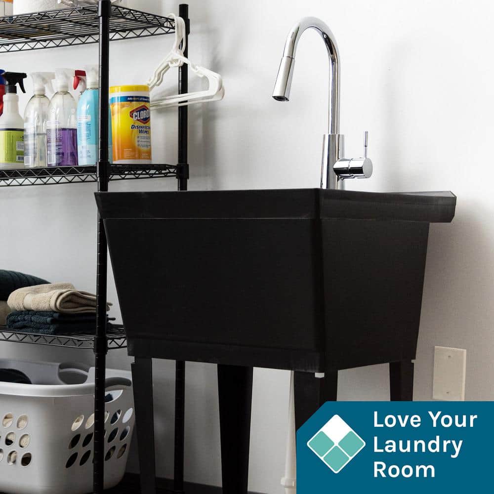 TEHILA 19 Gal. Black Utility Sink Set with Chrome High-Arc Pull-Down Faucet