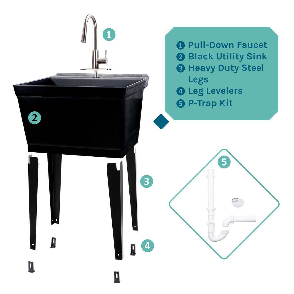 TEHILA Complete 19 Gal. Black Utility Sink with Pull-Down Faucet