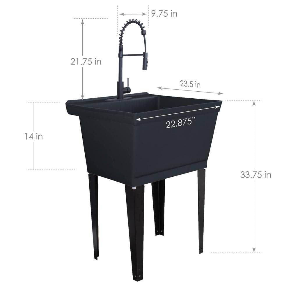TEHILA Black Thermoplastic Floor-Mount Utility Sink with High-Arc Matte Black Coil Pull-Down Faucet