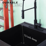 TEHILA Black Thermoplastic Floor-Mount Utility Sink with High-Arc Matte Black Coil Pull-Down Faucet