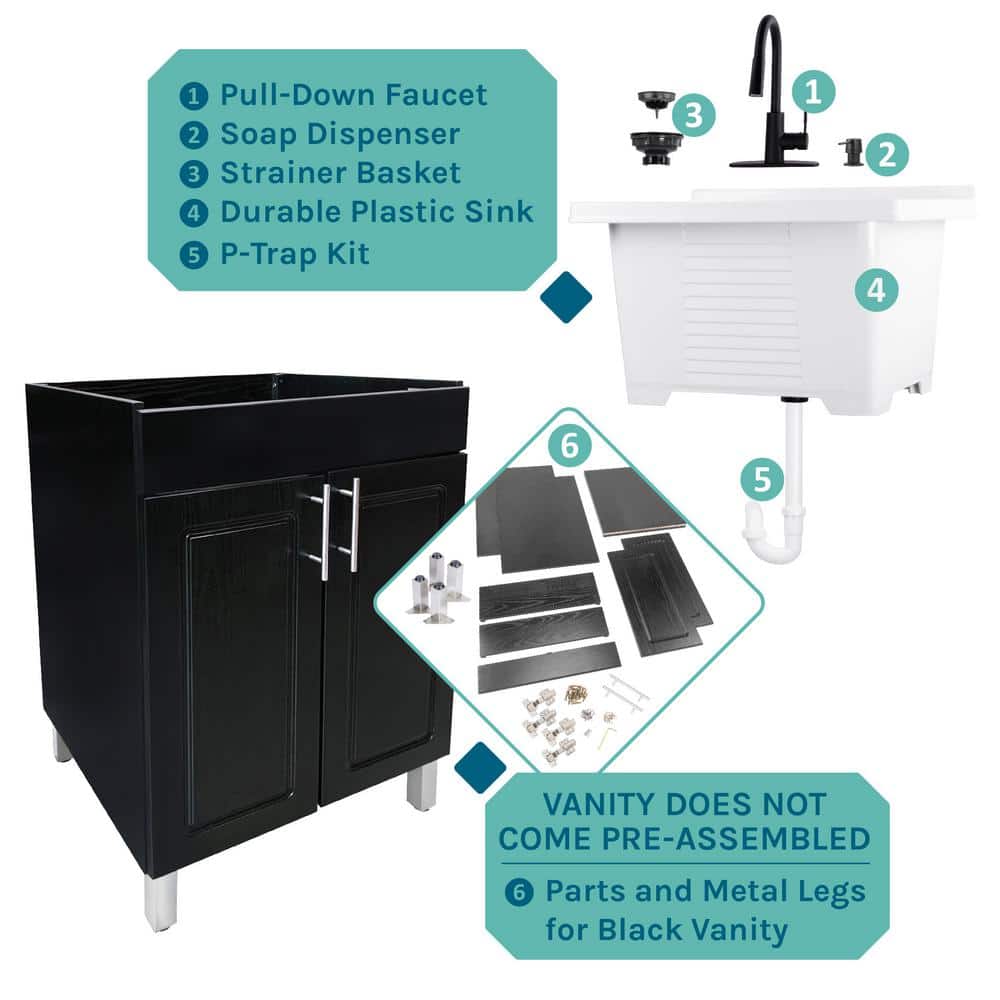 TEHILA 18 Gallon Freestanding Laundry Sink with Black Faucet & Cabinet