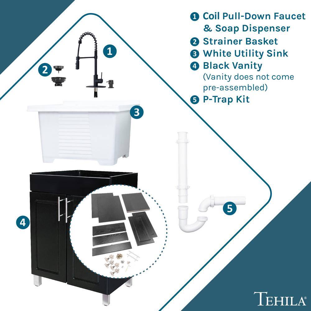 TEHILA 18 Gallons 21.75 in. x 25 in. Thermoplastic Drop-in Laundry Sink with Black Faucet, Black Cabinet, and Soap Dispenser