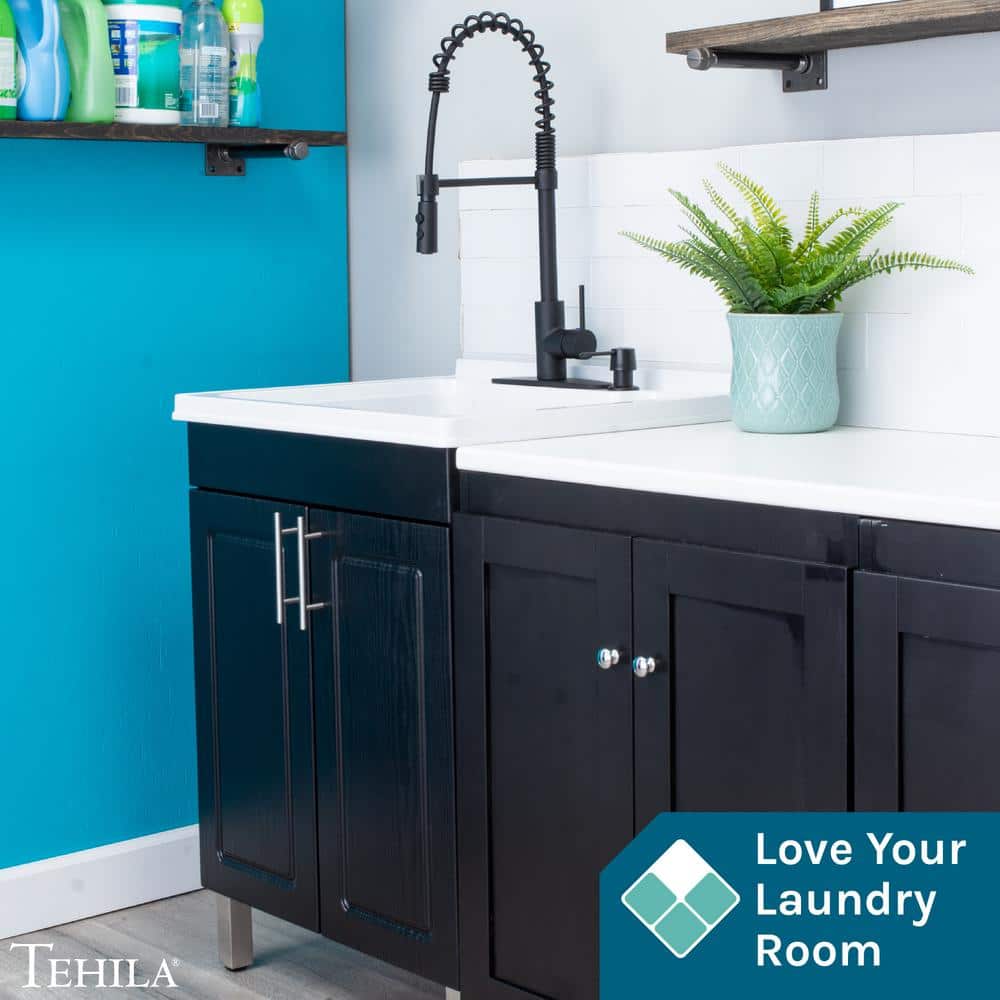 TEHILA 18 Gallons 21.75 in. x 25 in. Thermoplastic Drop-in Laundry Sink with Black Faucet, Black Cabinet, and Soap Dispenser
