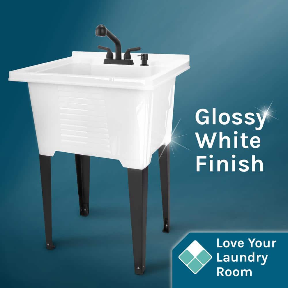 TEHILA 25 in. x 21.5 in. ABS Plastic Freestanding Utility Sink - White with Black Sprayer Faucet