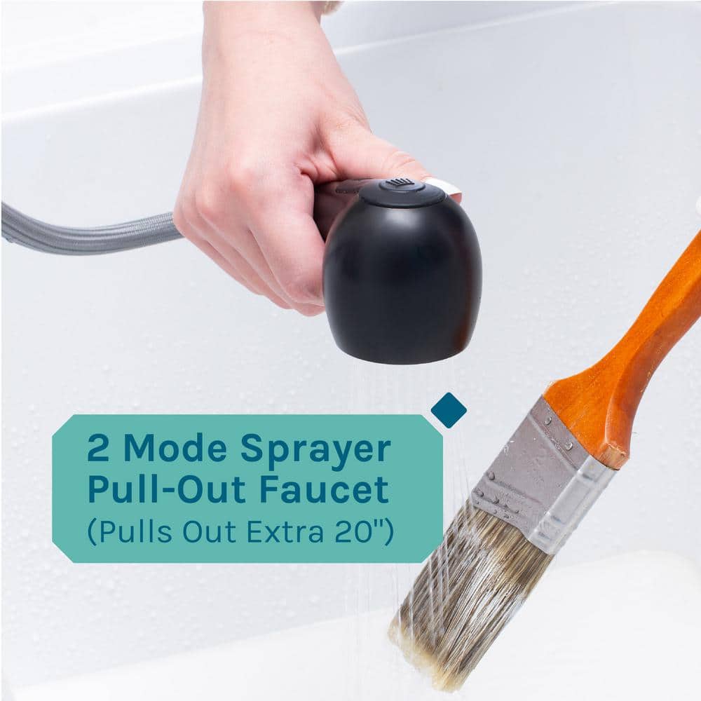 TEHILA 25 in. x 21.5 in. ABS Plastic Freestanding Utility Sink - White with Black Sprayer Faucet