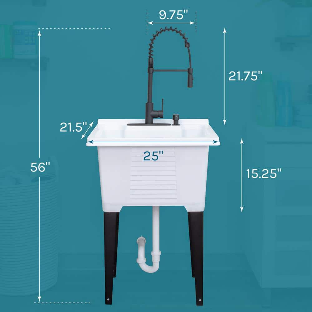 TEHILA 25 in. x 21.5 in. ABS Plastic Freestanding Utility Sink with Black Hi-Arc Coil Faucet