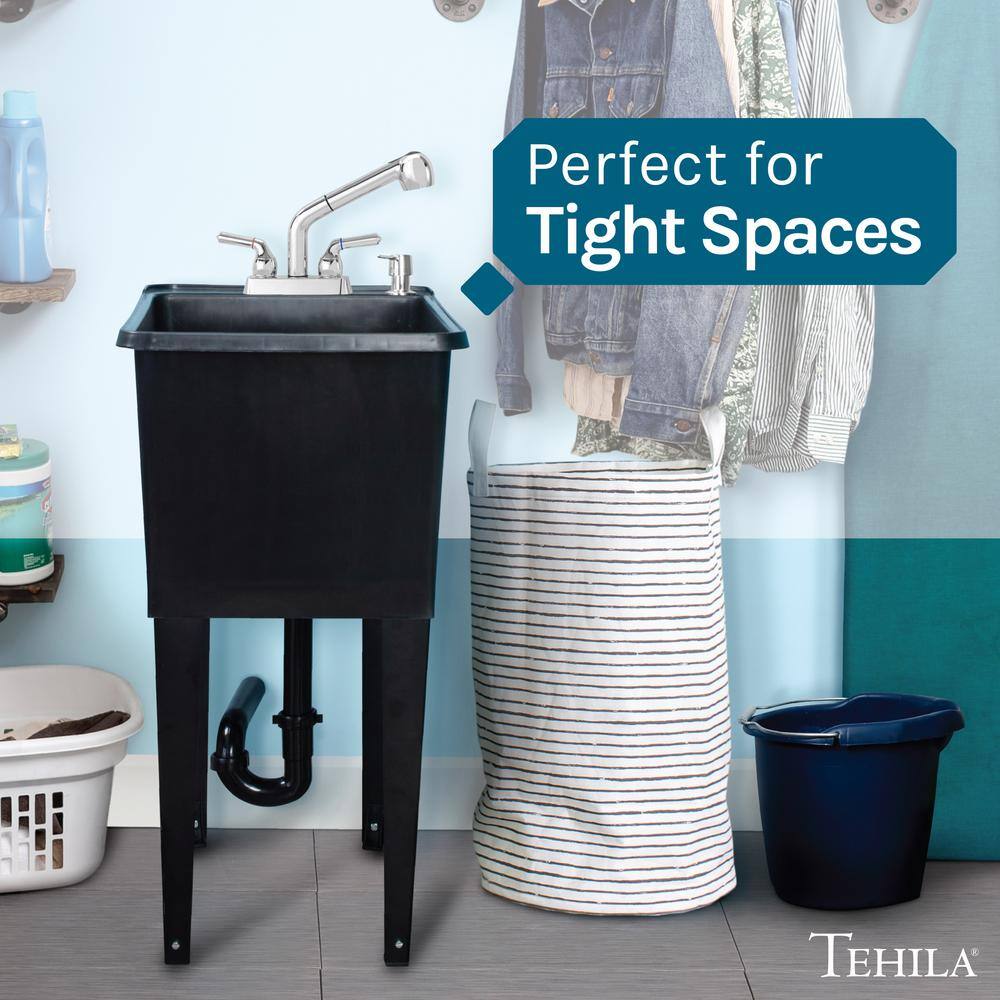 TEHILA 17.75 in. x 23.25 in. Thermoplastic Freestanding Utility Sink - Black with Chrome Faucet & Soap Dispenser