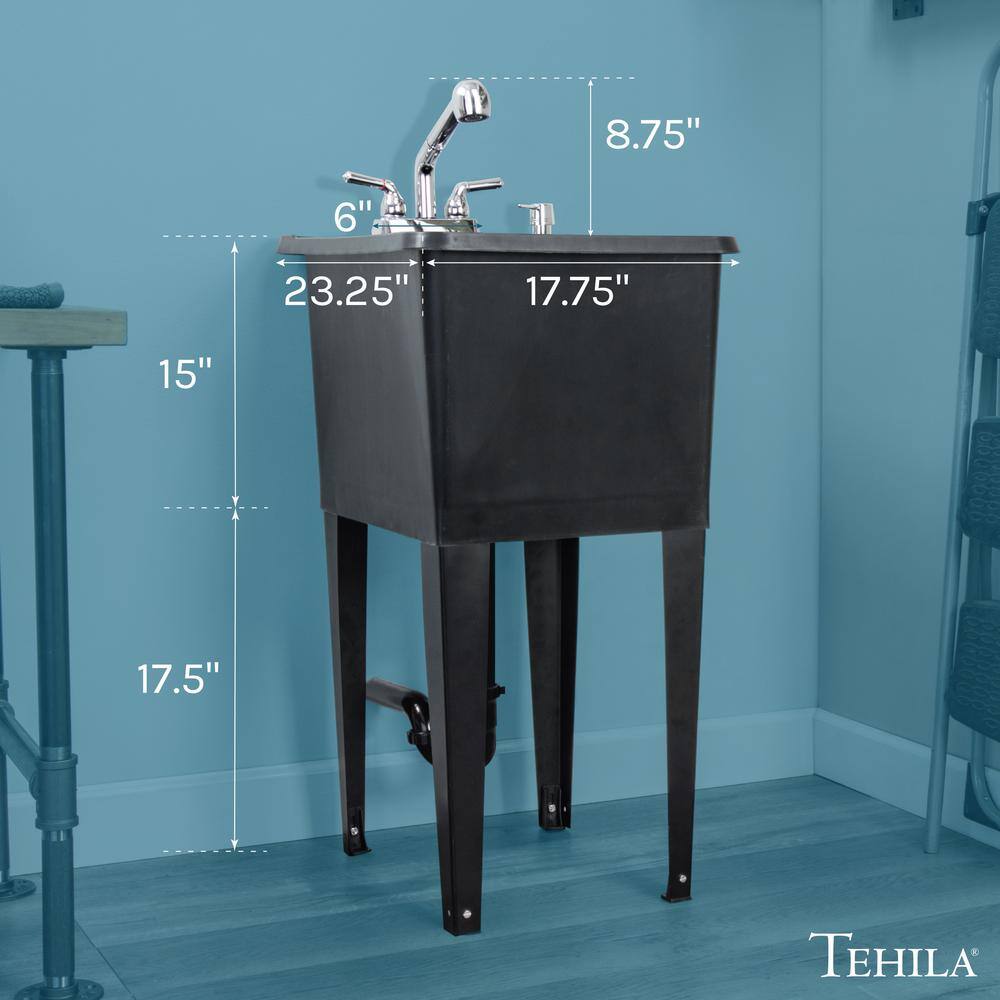 TEHILA 17.75 in. x 23.25 in. Thermoplastic Freestanding Utility Sink - Black with Chrome Faucet & Soap Dispenser