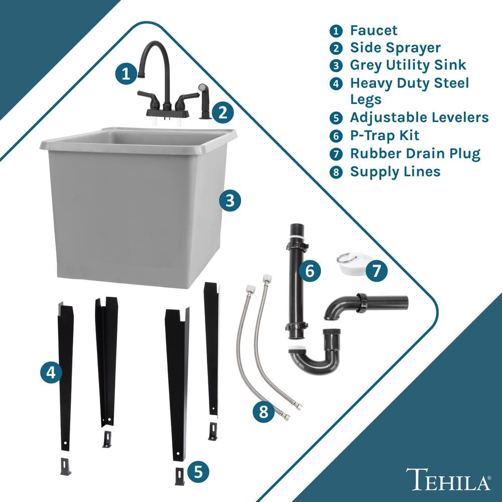 TEHILA 17.75 in. x 23.25 in. Thermoplastic Freestanding Utility Sink with Black Faucet and Sprayer