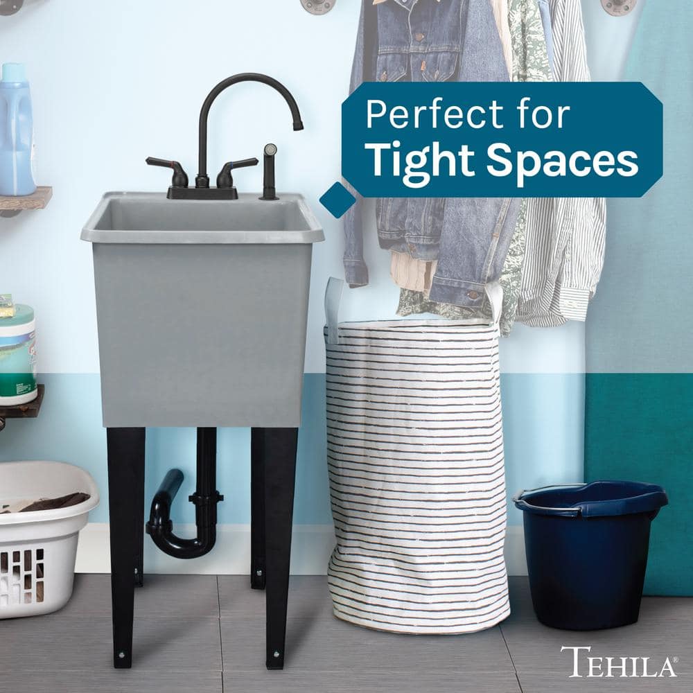 TEHILA 17.75 in. x 23.25 in. Thermoplastic Freestanding Utility Sink with Black Faucet and Sprayer