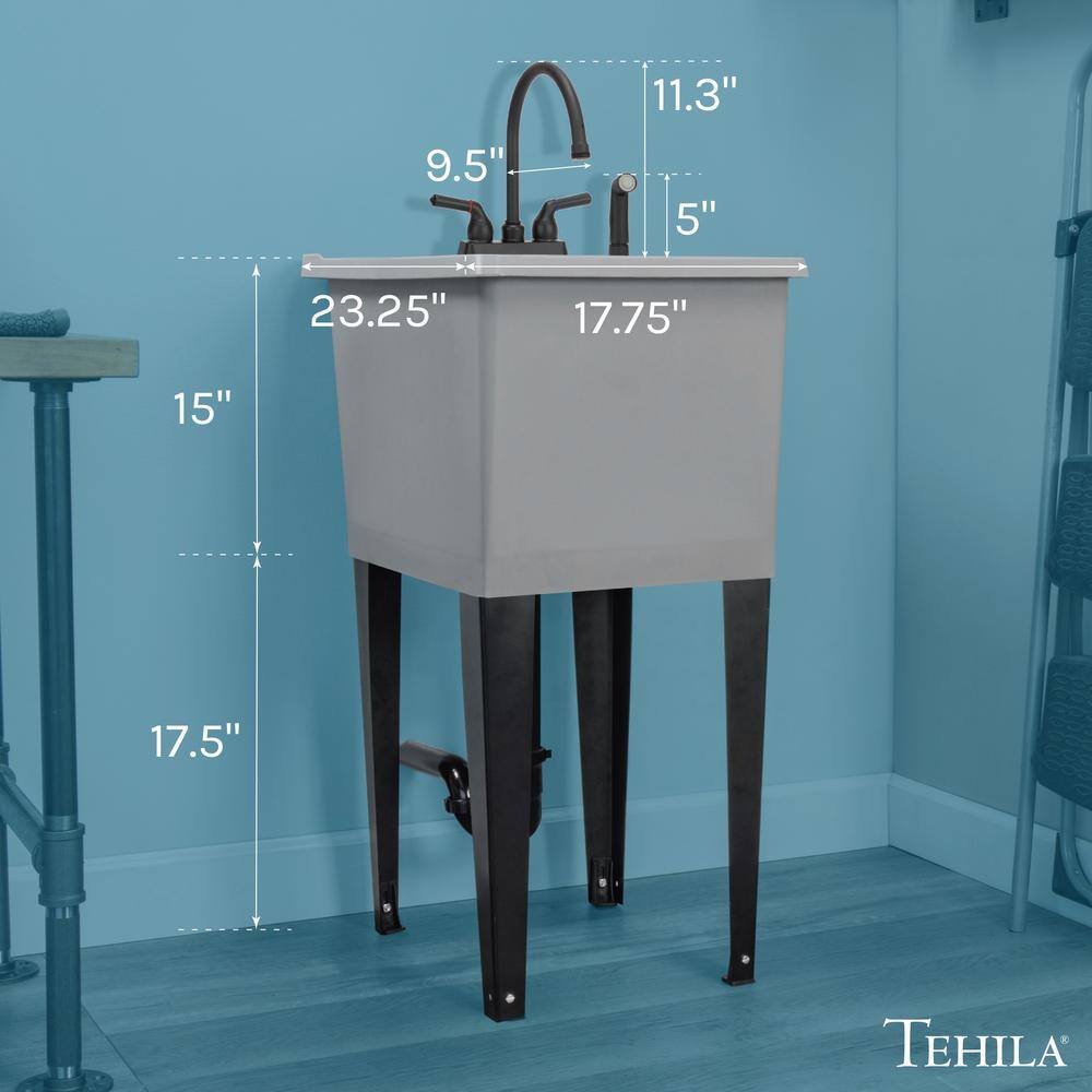 TEHILA 17.75 in. x 23.25 in. Thermoplastic Freestanding Utility Sink with Black Faucet and Sprayer