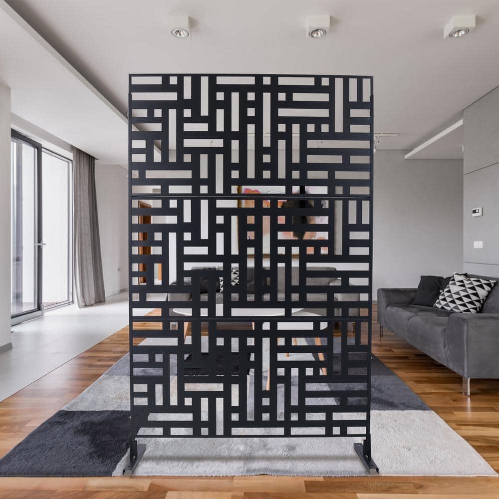 Tidoin 6.3 ft. x 4 ft. Black Steel Freestanding Flat Flat Top Decorative Privacy Screen Metal Fence Panel