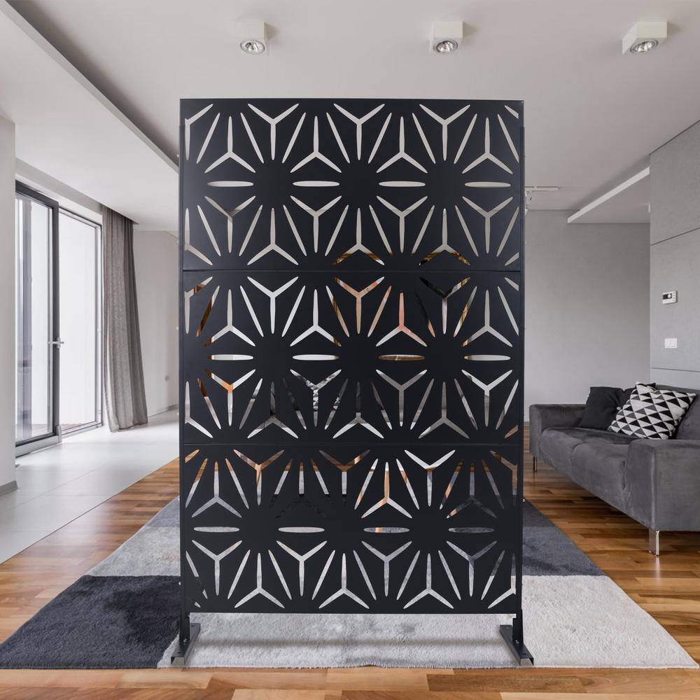 Tidoin 6.3 ft. x 4 ft. Black Steel Freestanding Flat Flat Top Decorative Privacy Screen Metal Fence Panel