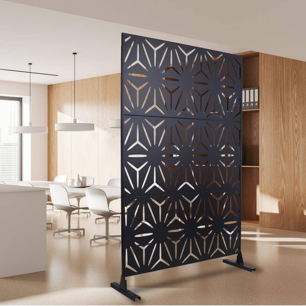 Tidoin 6.3 ft. x 4 ft. Black Steel Freestanding Flat Flat Top Decorative Privacy Screen Metal Fence Panel