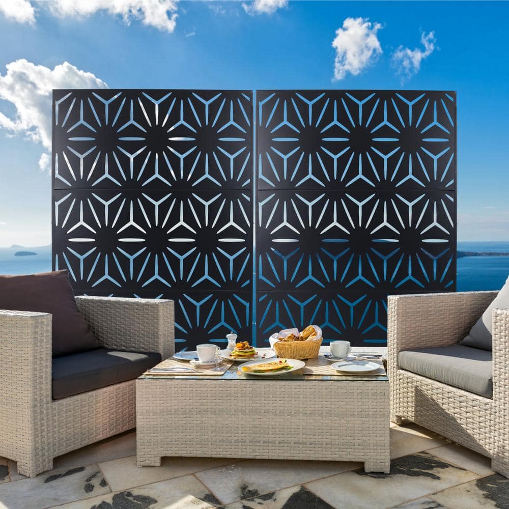 Tidoin 6.3 ft. x 4 ft. Black Steel Freestanding Flat Flat Top Decorative Privacy Screen Metal Fence Panel