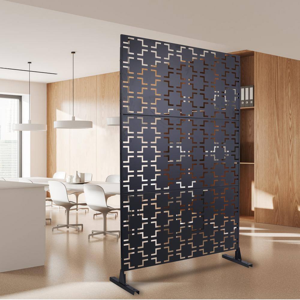 Tidoin 6.3 ft. x 4 ft. Black Steel Freestanding Flat Flat Top Decorative Privacy Screen Metal Fence Panel