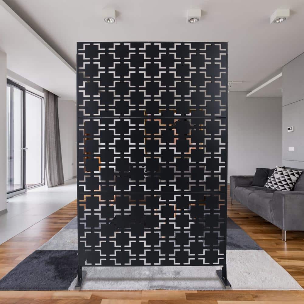 Tidoin 6.3 ft. x 4 ft. Black Steel Freestanding Flat Flat Top Decorative Privacy Screen Metal Fence Panel