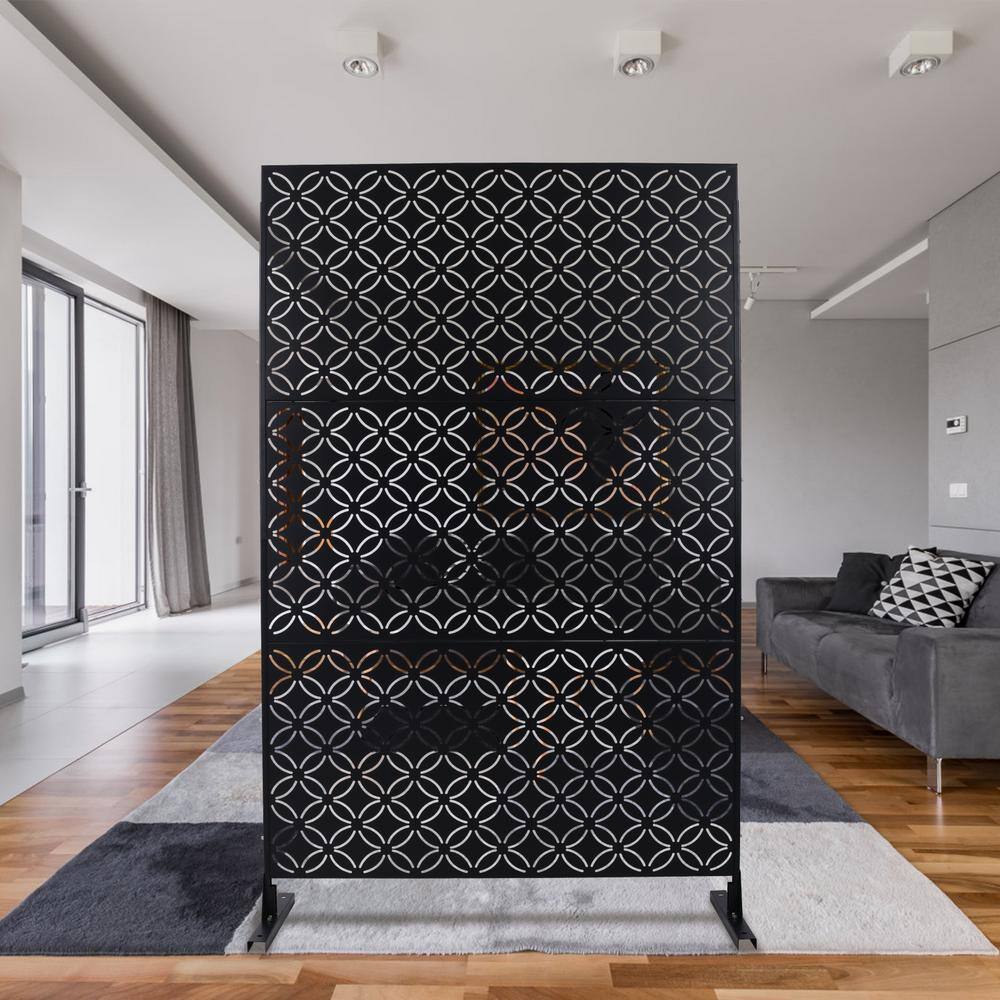 Tidoin 6.3 ft. x 4 ft. Black Steel Freestanding Flat Flat Top Decorative Privacy Screen Metal Fence Panel