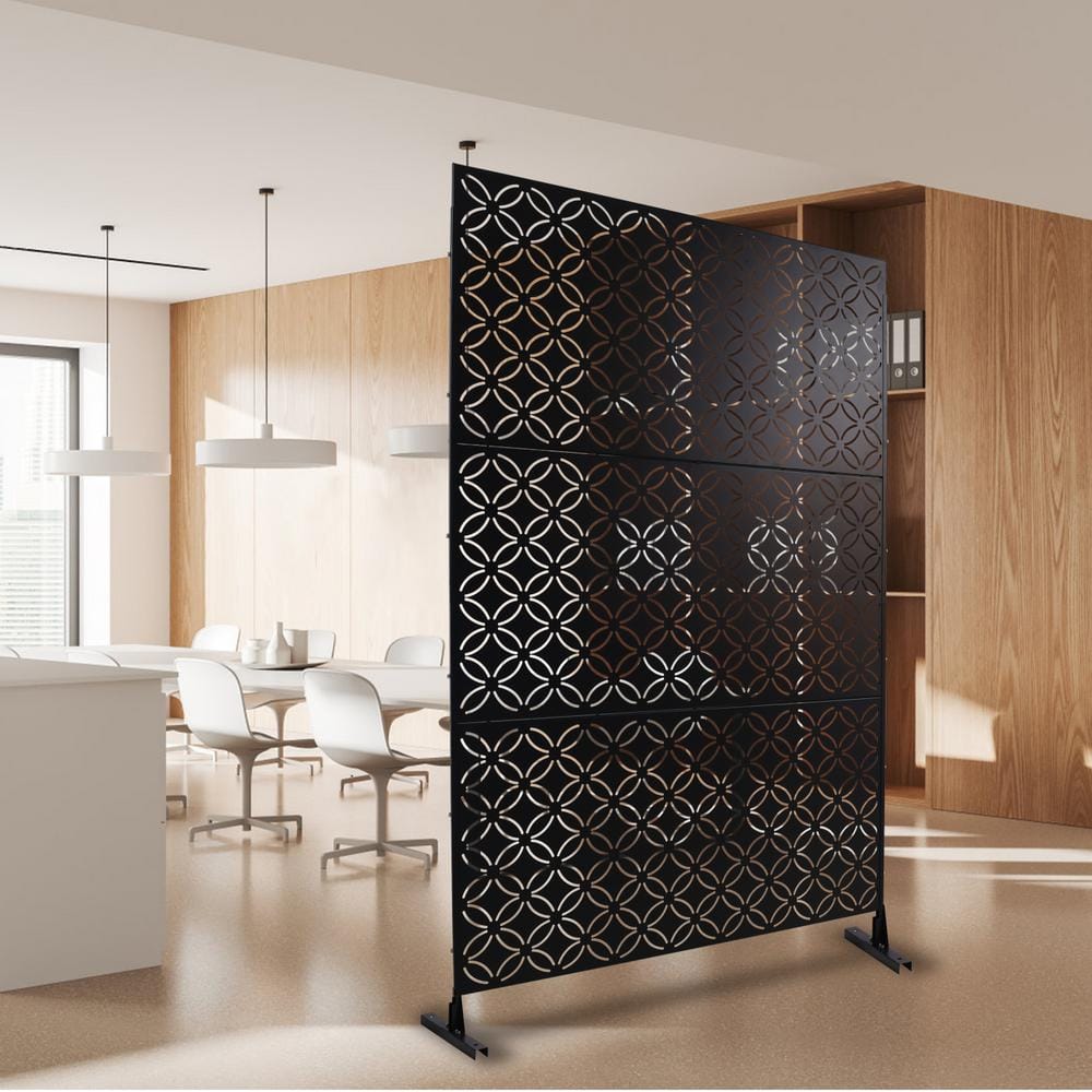 Tidoin 6.3 ft. x 4 ft. Black Steel Freestanding Flat Flat Top Decorative Privacy Screen Metal Fence Panel
