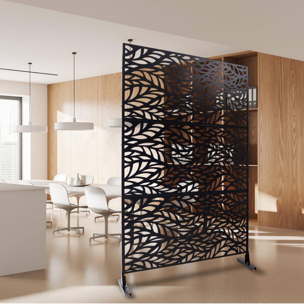 Tidoin 6.3 ft. x 4 ft. Black Steel Freestanding Flat Flat Top Decorative Privacy Screen Metal Fence Panel