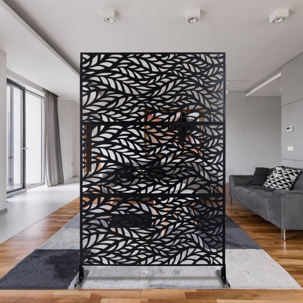 Tidoin 6.3 ft. x 4 ft. Black Steel Freestanding Flat Flat Top Decorative Privacy Screen Metal Fence Panel