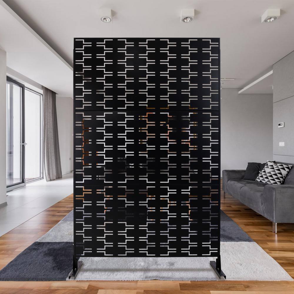 Tidoin 6.3 ft. x 4 ft. Black Steel Freestanding Flat Flat Top Decorative Privacy Screen Metal Fence Panel