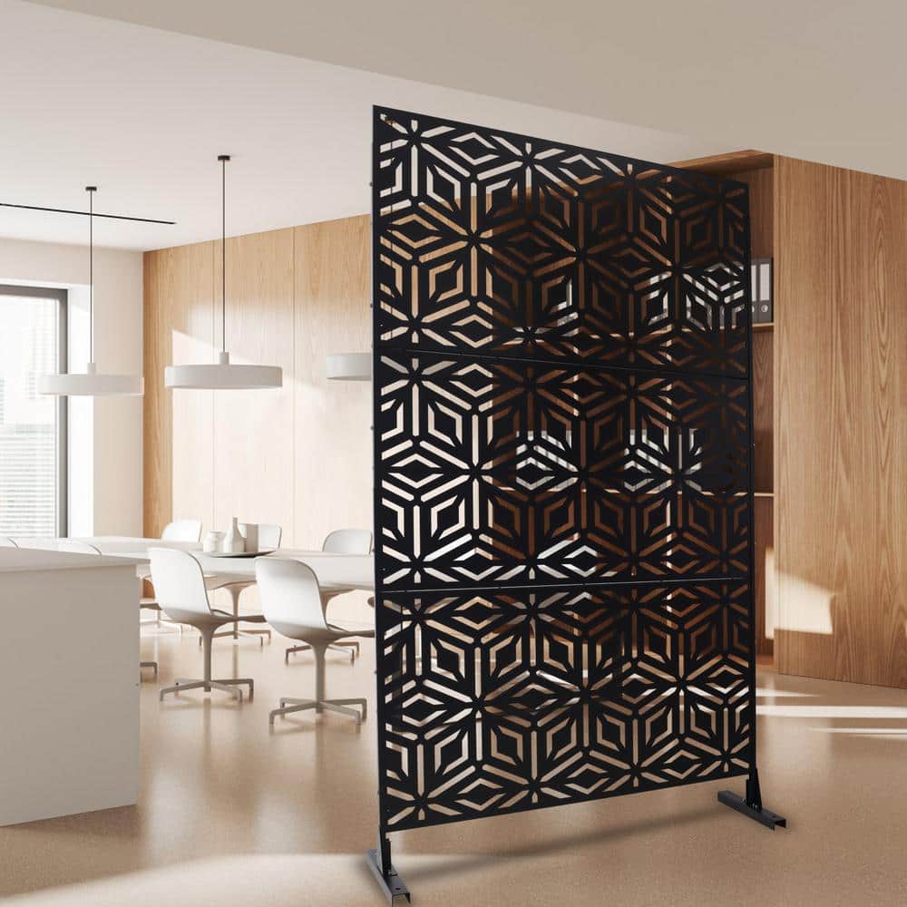 Tidoin 6.3 ft. x 4 ft. Black Steel Freestanding Flat Flat Top Decorative Privacy Screen Metal Fence Panel