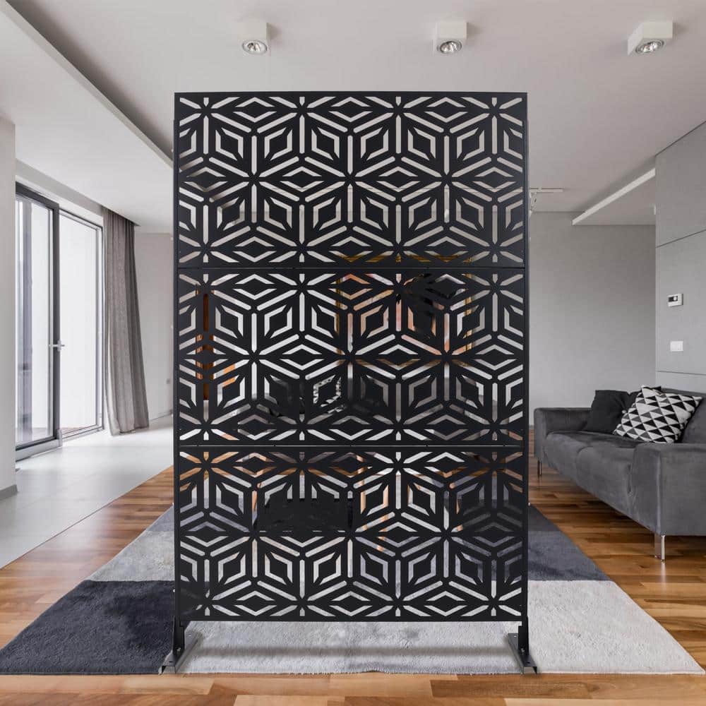 Tidoin 6.3 ft. x 4 ft. Black Steel Freestanding Flat Flat Top Decorative Privacy Screen Metal Fence Panel