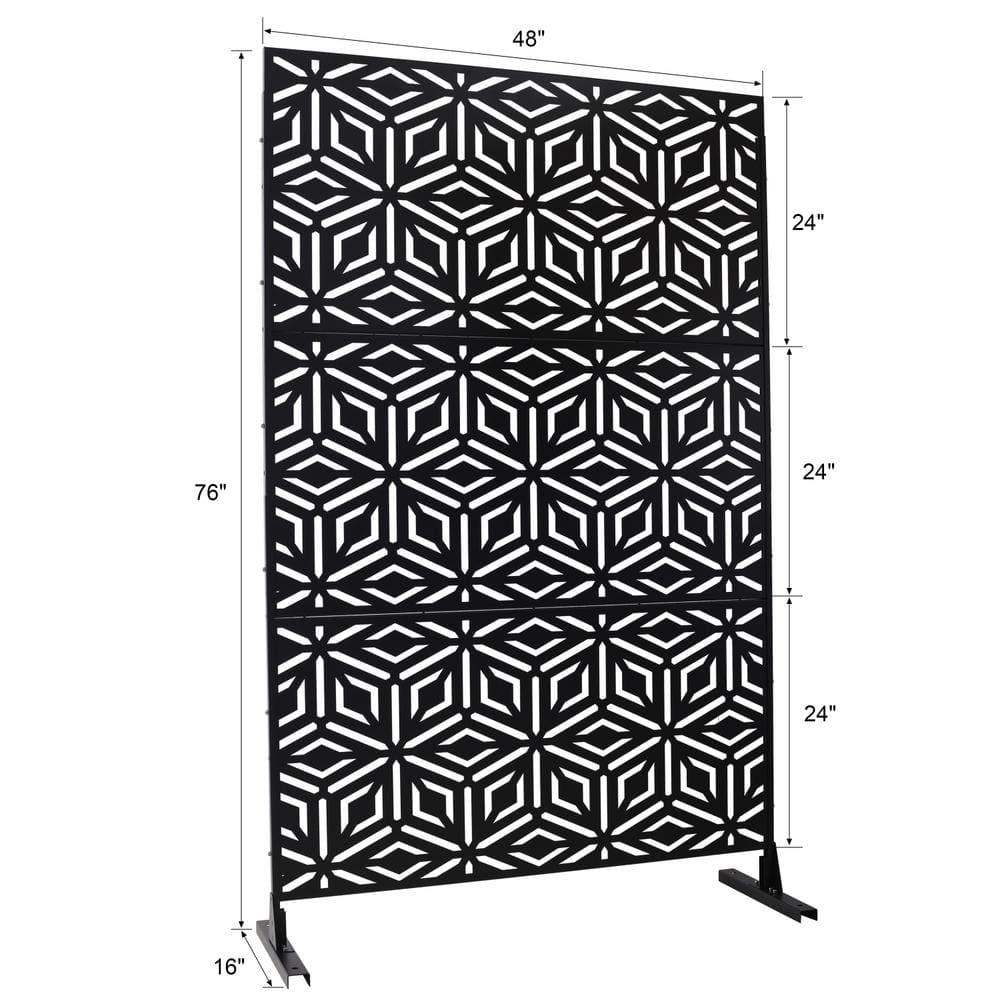 Tidoin 6.3 ft. x 4 ft. Black Steel Freestanding Flat Flat Top Decorative Privacy Screen Metal Fence Panel