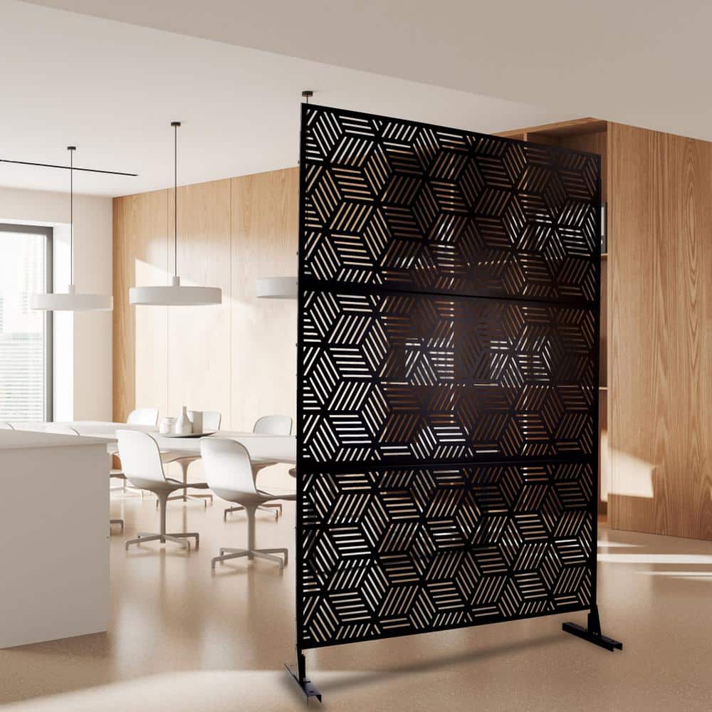 Tidoin 6.3 ft. x 4 ft. Black Steel Freestanding Flat Flat Top Decorative Privacy Screen Metal Fence Panel