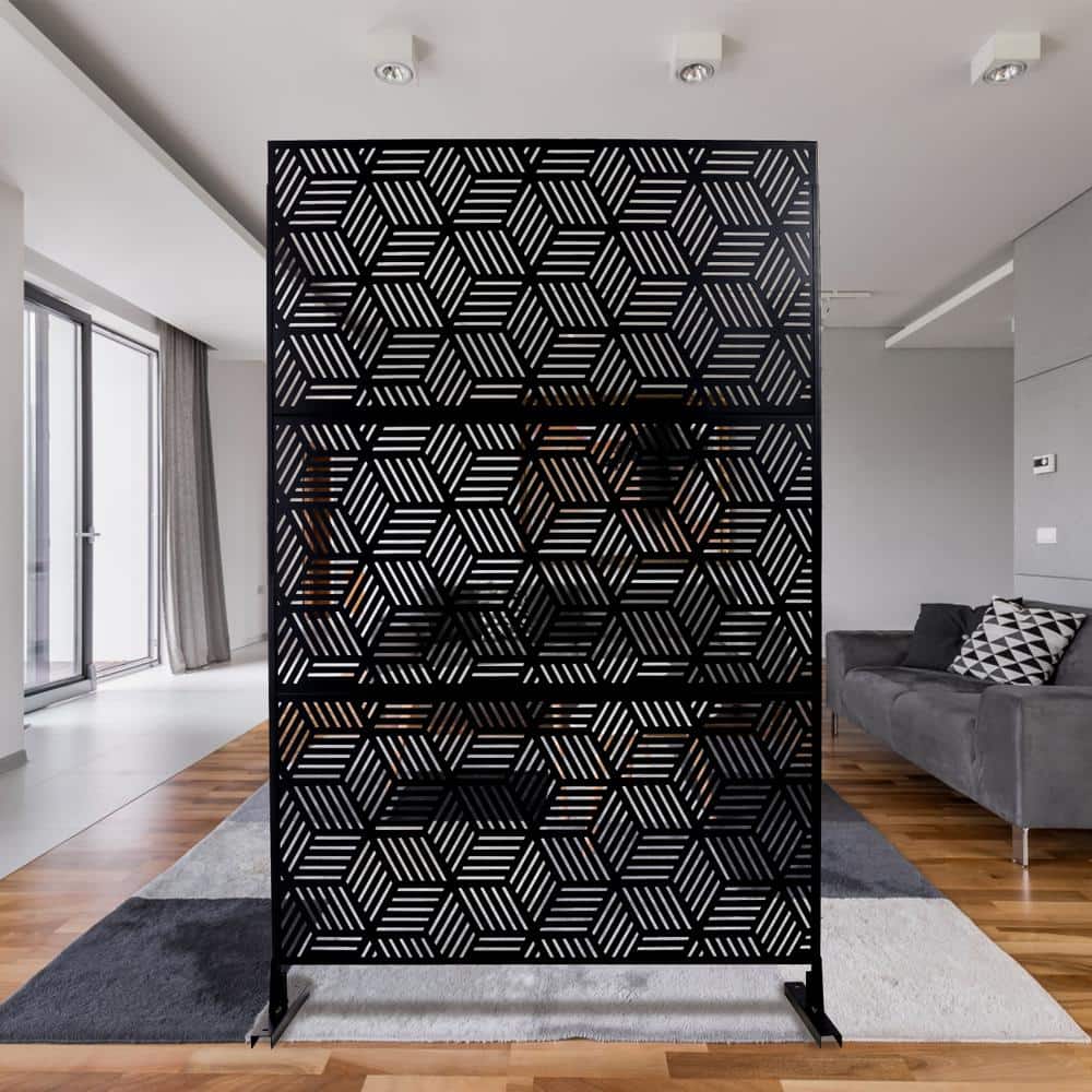 Tidoin 6.3 ft. x 4 ft. Black Steel Freestanding Flat Flat Top Decorative Privacy Screen Metal Fence Panel