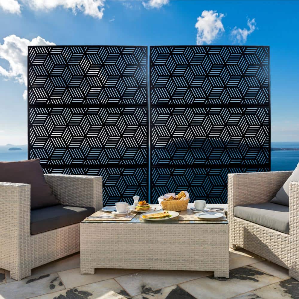 Tidoin 6.3 ft. x 4 ft. Black Steel Freestanding Flat Flat Top Decorative Privacy Screen Metal Fence Panel