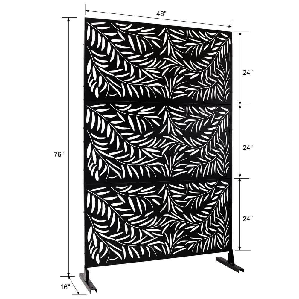 Tidoin 6.3 ft. x 4 ft. Black Steel Freestanding Flat Flat Top Decorative Privacy Screen Metal Fence Panel