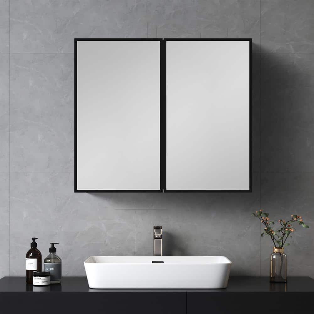 Tileon 30 in. W x 26 in. H Rectangular Black Metal Wall Mount or Recessed Medicine Cabinet with Mirror