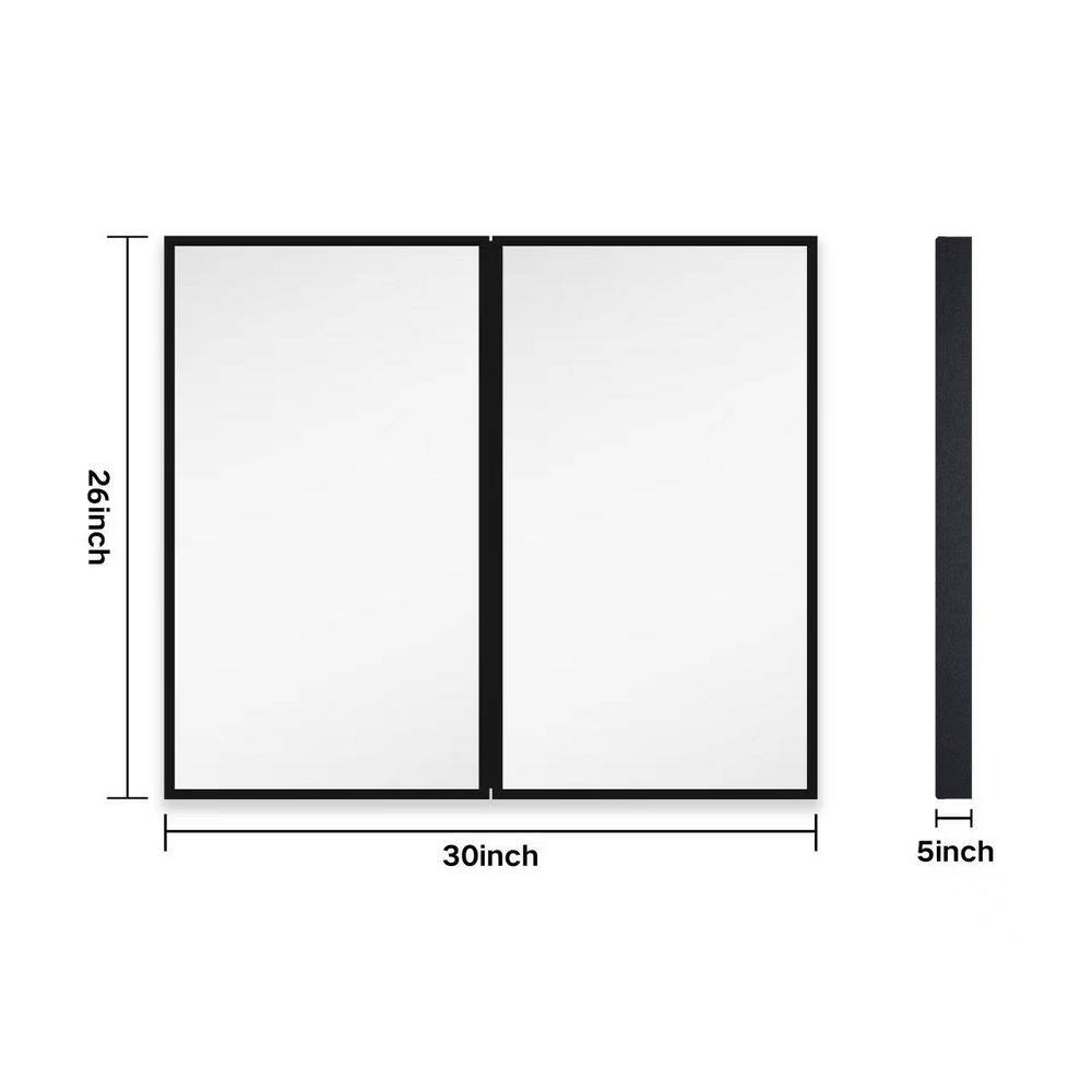 Tileon 30 in. W x 26 in. H Rectangular Black Metal Wall Mount or Recessed Medicine Cabinet with Mirror