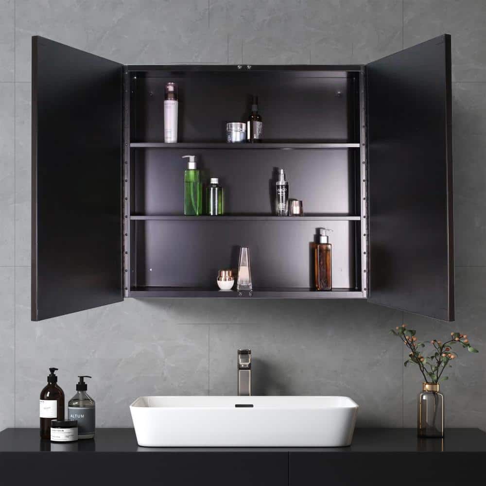 Tileon 30 in. W x 26 in. H Rectangular Black Metal Wall Mount or Recessed Medicine Cabinet with Mirror