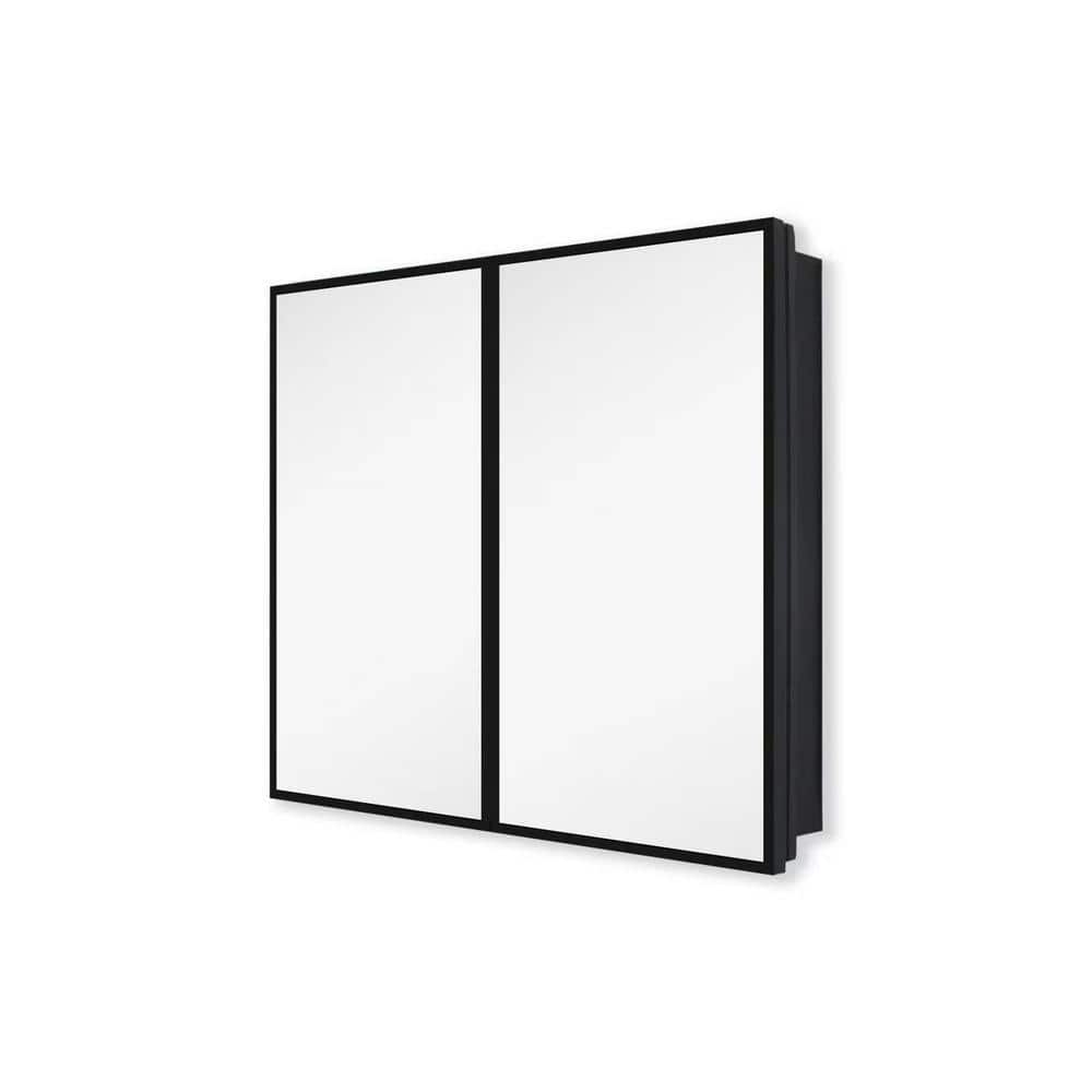 Tileon 30 in. W x 26 in. H Rectangular Black Metal Wall Mount or Recessed Medicine Cabinet with Mirror