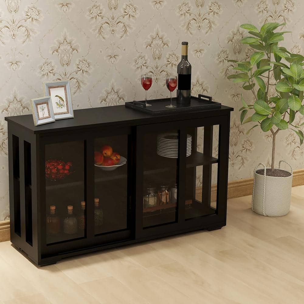 Tileon Black Kitchen Storage Cabinet Stand Cupboard With Glass Door (41.93 in. x 13.99 in. x 24.61 in.)