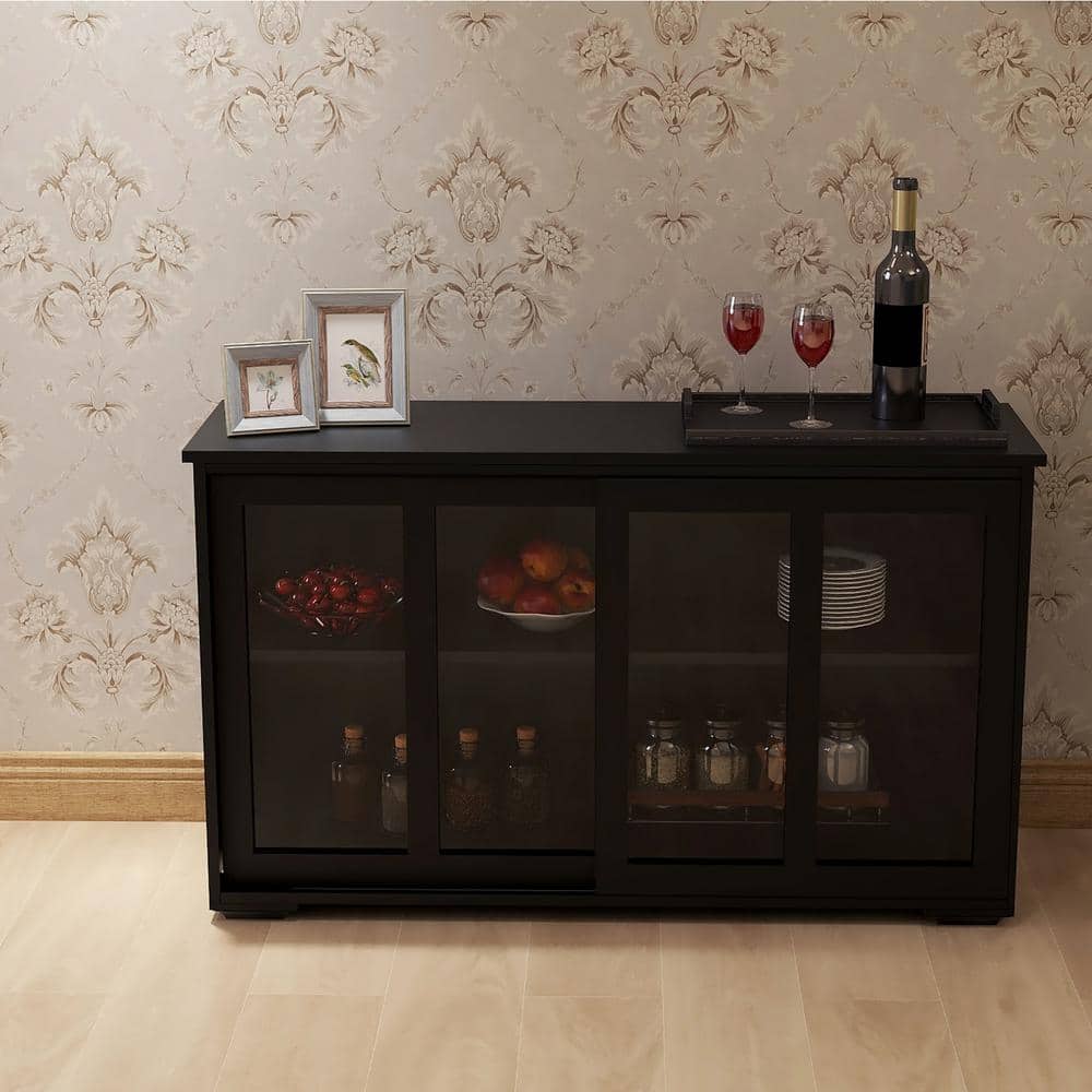 Tileon Black Kitchen Storage Cabinet Stand Cupboard With Glass Door (41.93 in. x 13.99 in. x 24.61 in.)