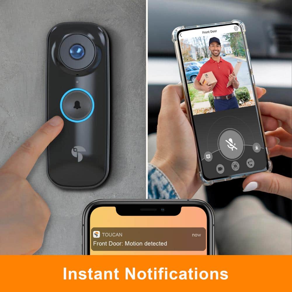 Toucan Wireless Video Doorbell Pro Includes Wireless Doorbell Chime Night Vision Wi-Fi IP56 Weather Resistant Black