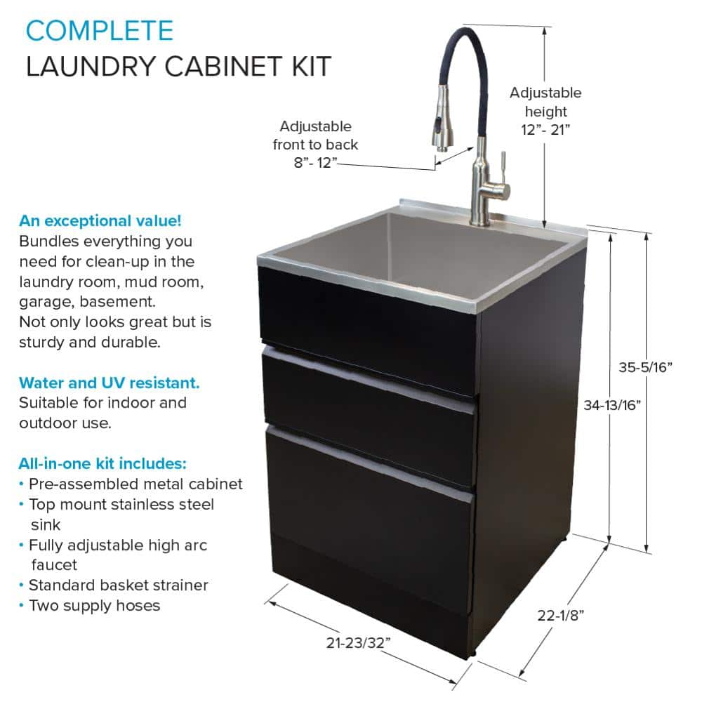 Transolid All-in-One Metal Laundry Sink and Cabinet - Black, 44.8 x 22 x 35 in.