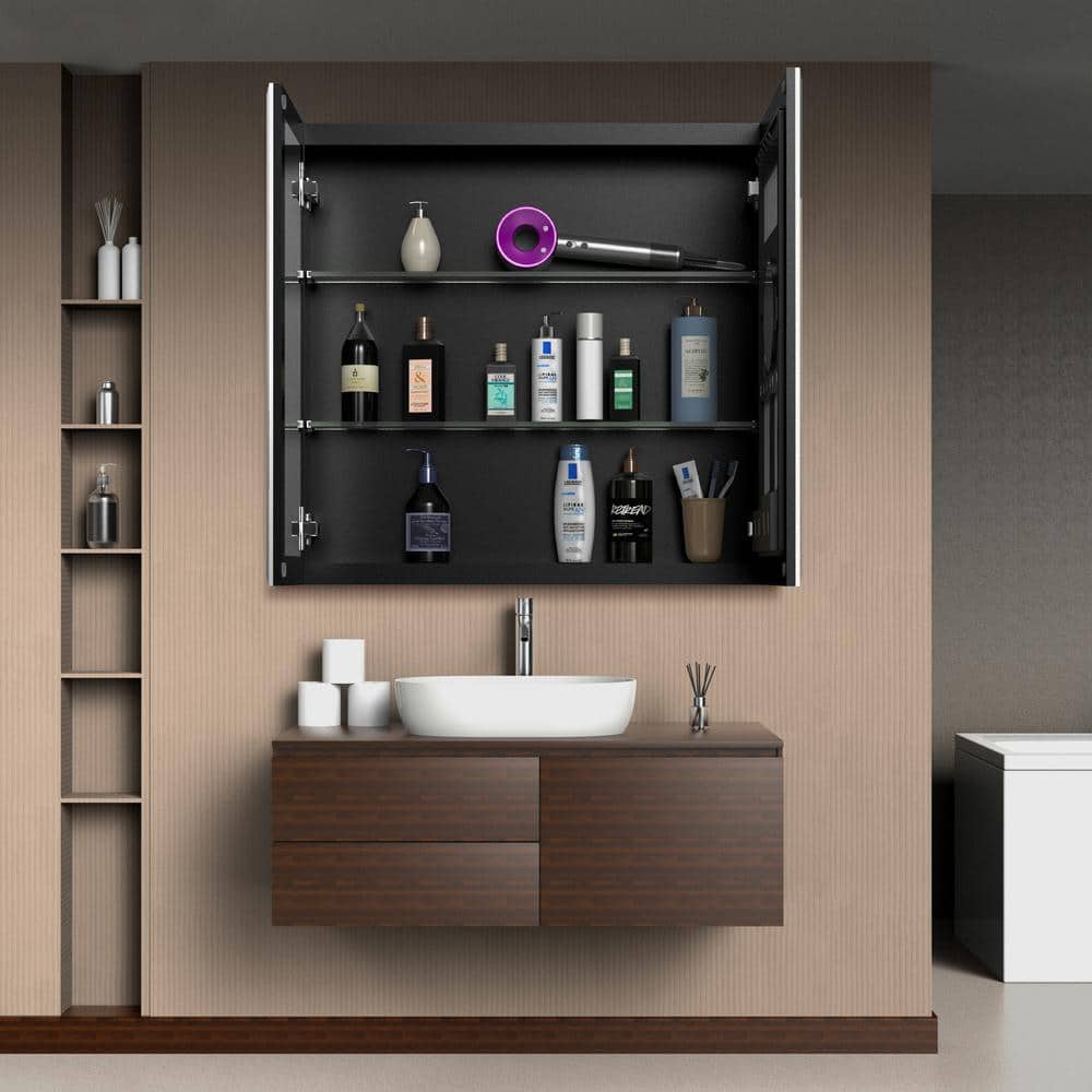 tunuo 30 in. W x 26 in. H Rectangular Recessed Aluminum Medicine Cabinet with Mirror in Black