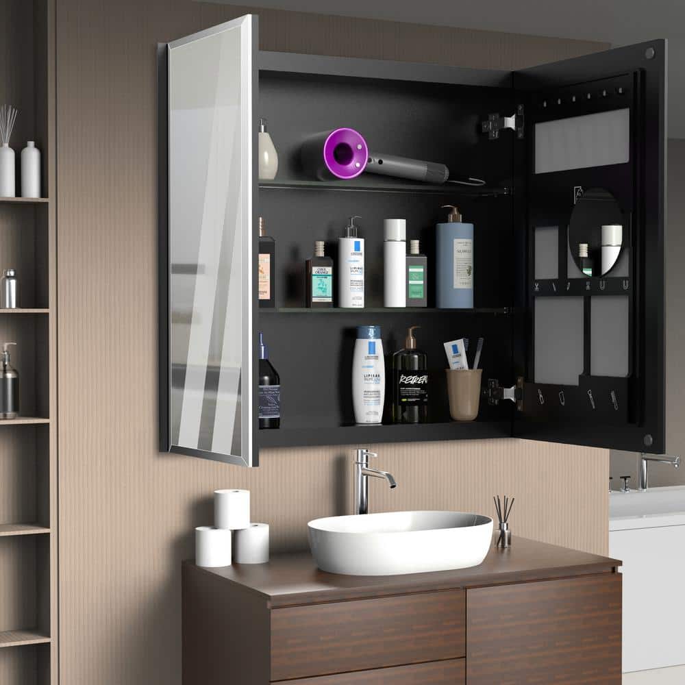 tunuo 30 in. W x 26 in. H Rectangular Recessed Aluminum Medicine Cabinet with Mirror in Black